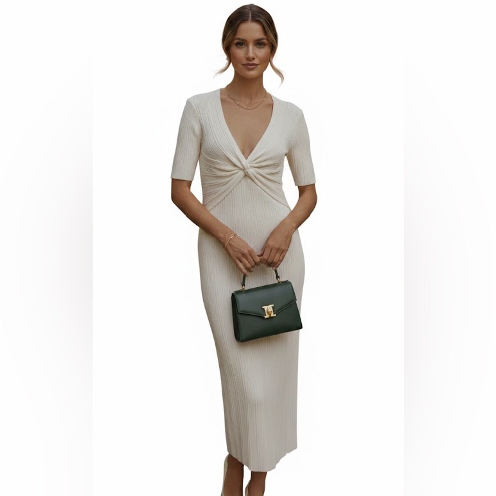 Frame Cream Ribbed Twist Front Classic Old Money Sophisticated Midi Dress Small